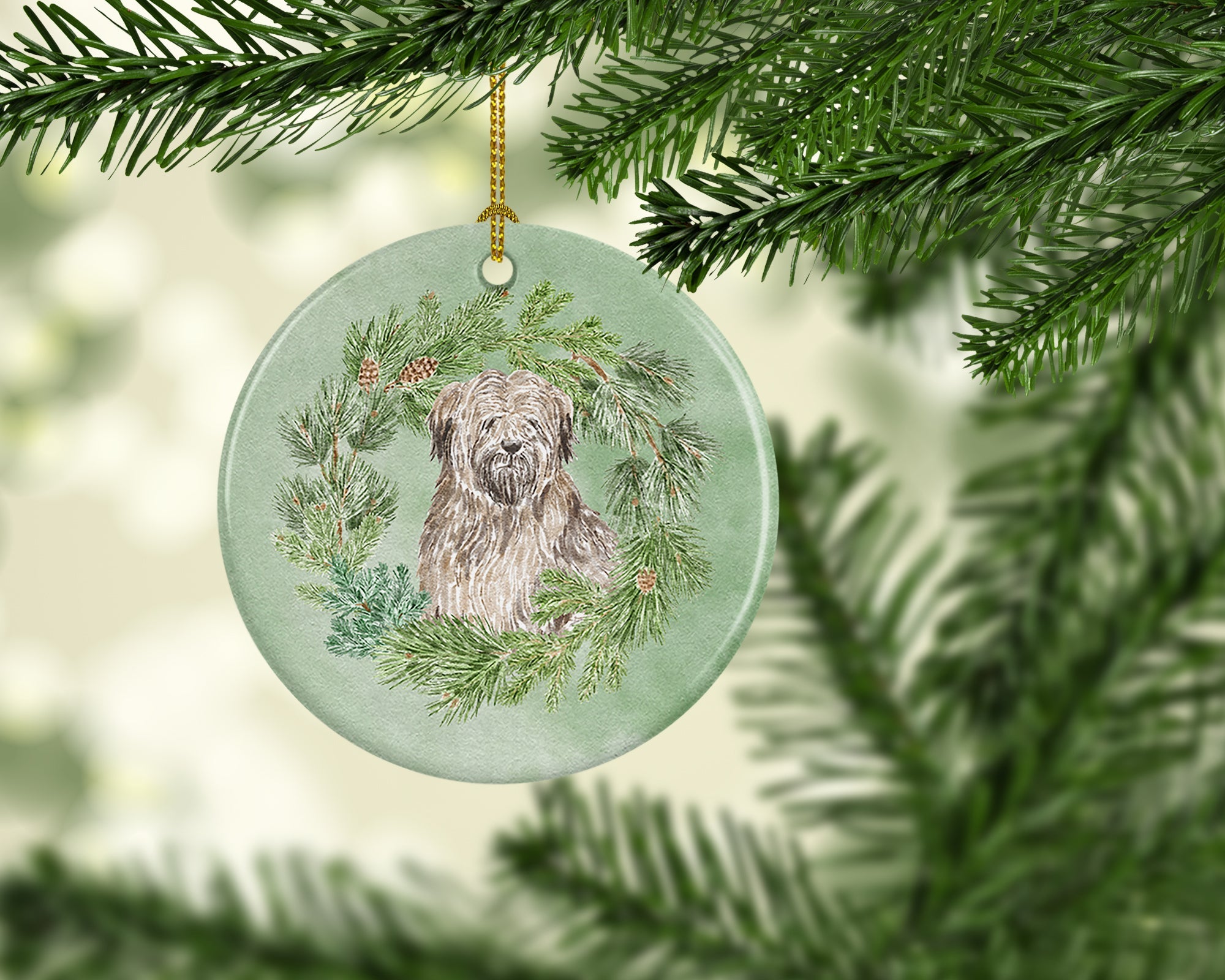 Briard Christmas Wreath Ceramic Ornament