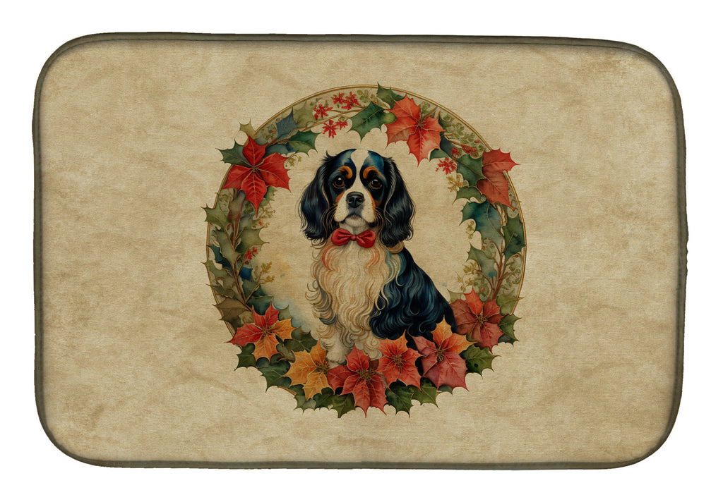 Cavalier Spaniel Christmas Flowers Dish Drying Mat