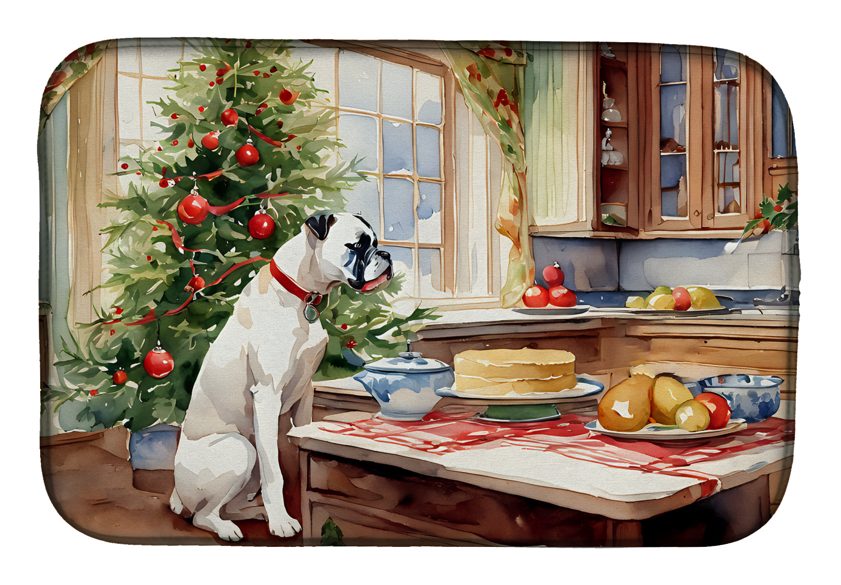 White Boxer Christmas Cookies Dish Drying Mat
