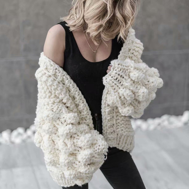 Handmade Knit Sweater with 3D Ball Lantern Sleeves