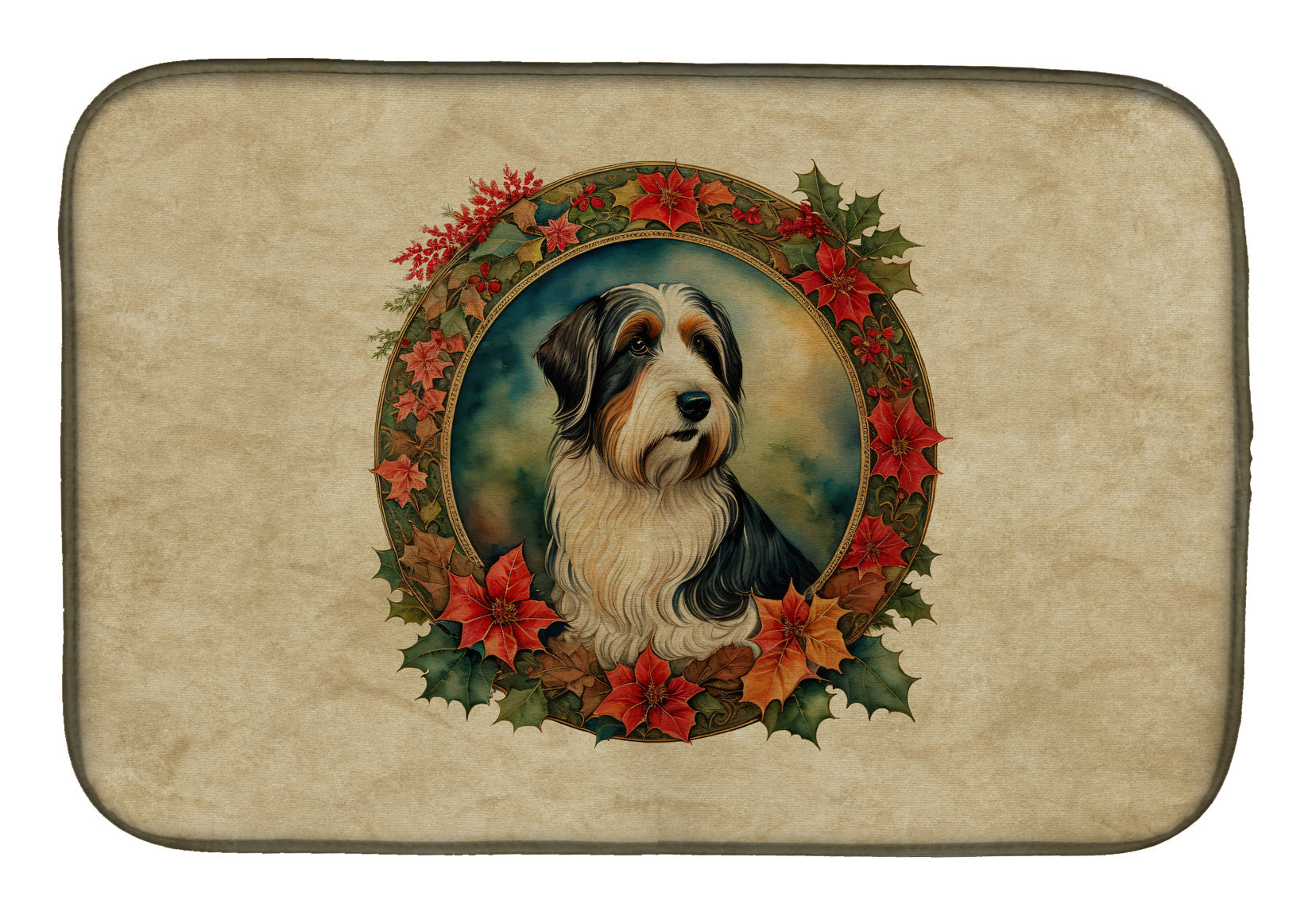 Bearded Collie Christmas Flowers Dish Drying Mat