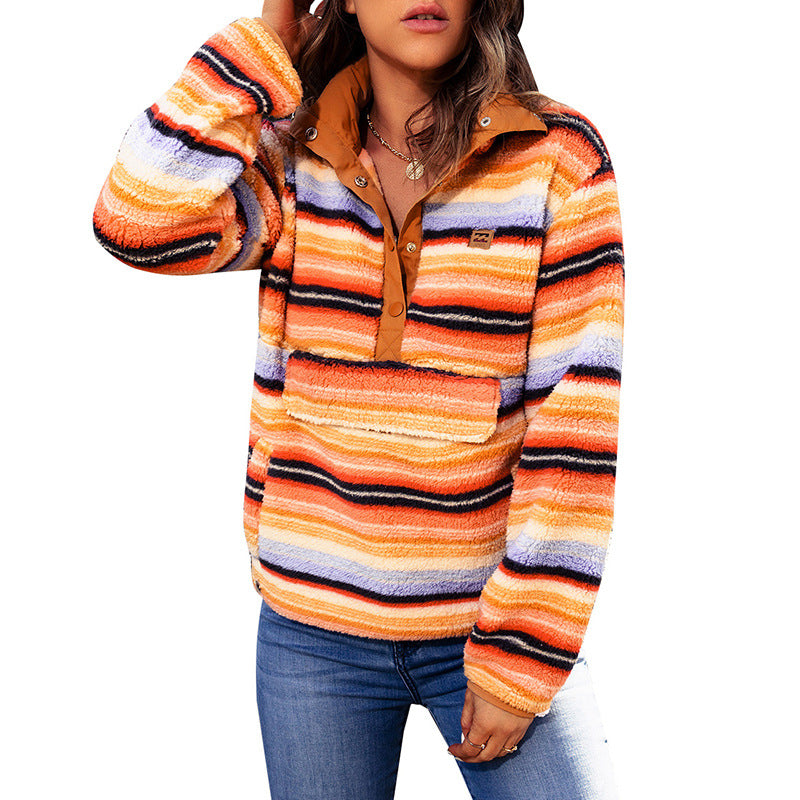 Multi-color Stripe Button Lambswool Pocket Sweatshirt | Streetwear