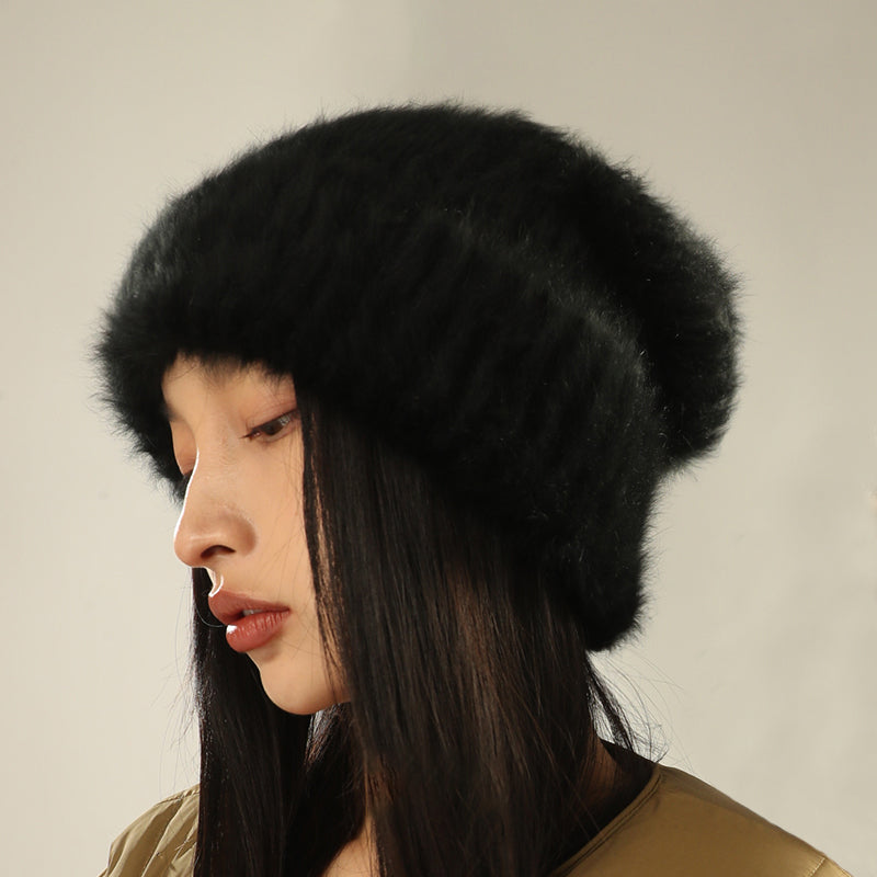 White Oversized Wool Knit Hat for Big Head Circumference | Embroidered Cap