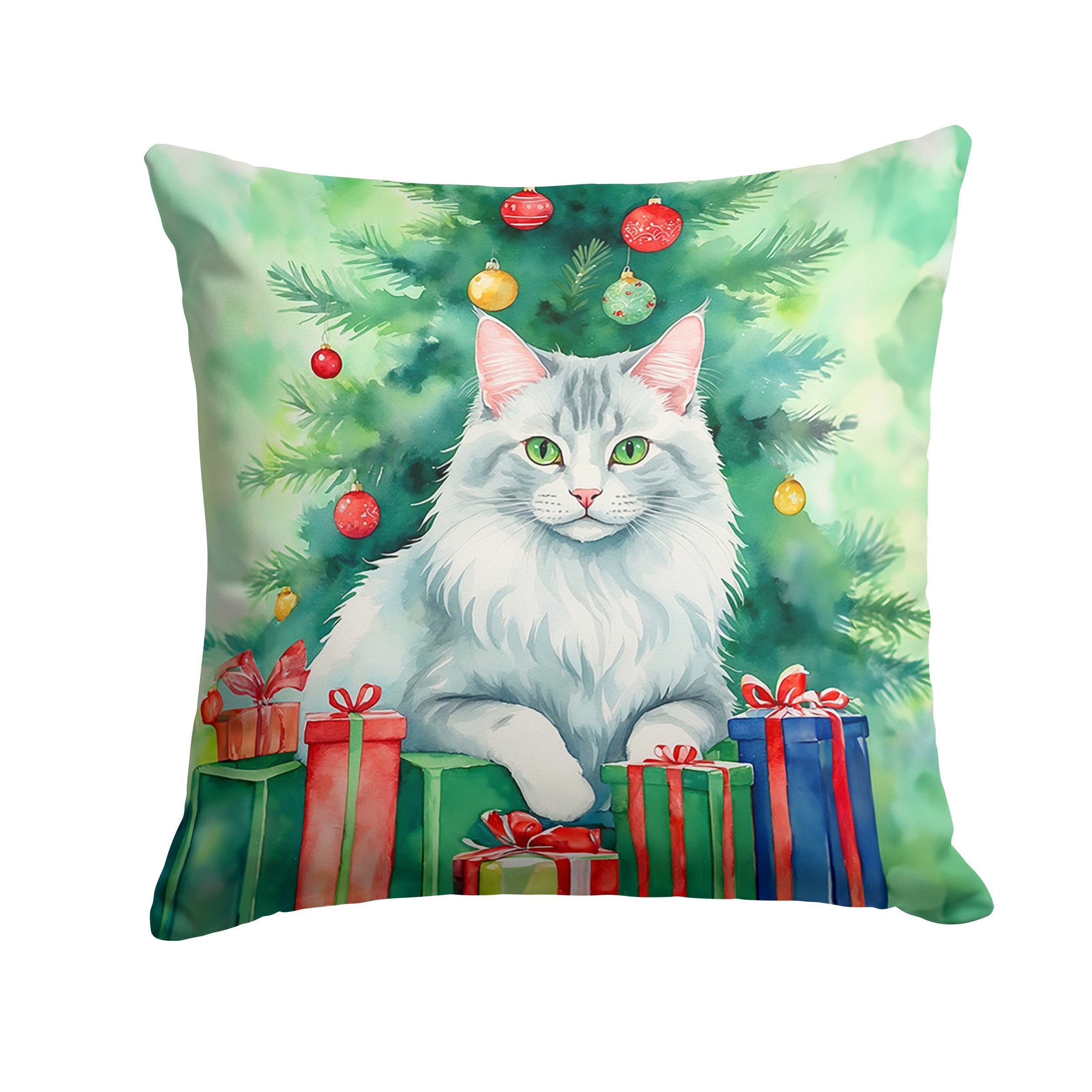 Turkish Angora Cat By the Christmas Tree Throw Pillow