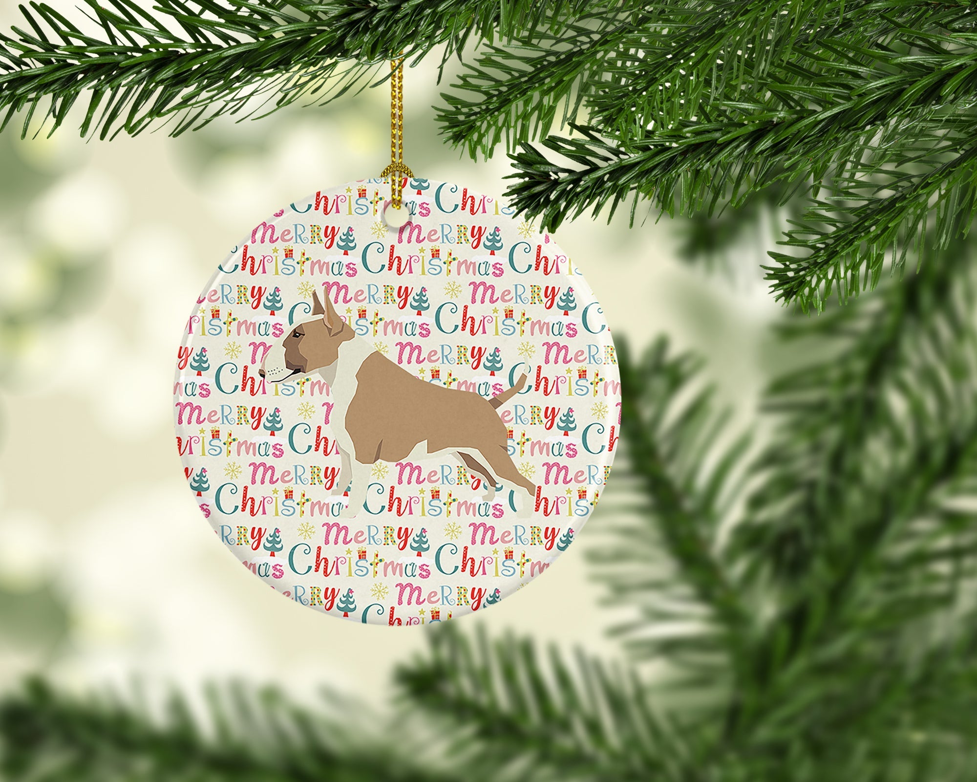 Fawn and White Bull Terrier Merry Christmas Ceramic Ornament