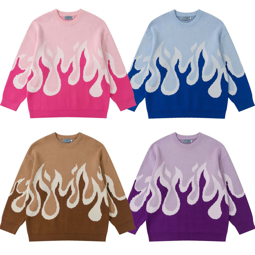 Flame Jacquard Loose Fit Round Neck Hip Hop Sweater