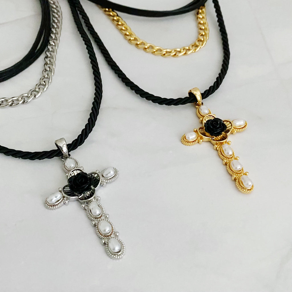 Layered Black Rose Cross Necklace | Christian Jewelry