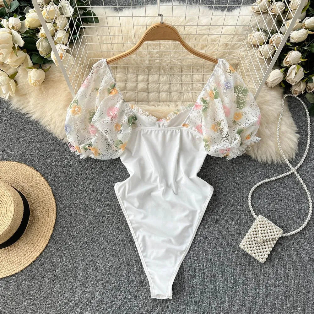 Spicy Girl Lace Panel High Fork BodysuiT