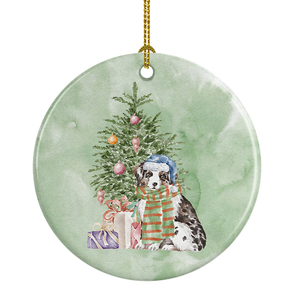 Australian Shepherd Puppy Christmas Presents and Tree Ceramic Ornament