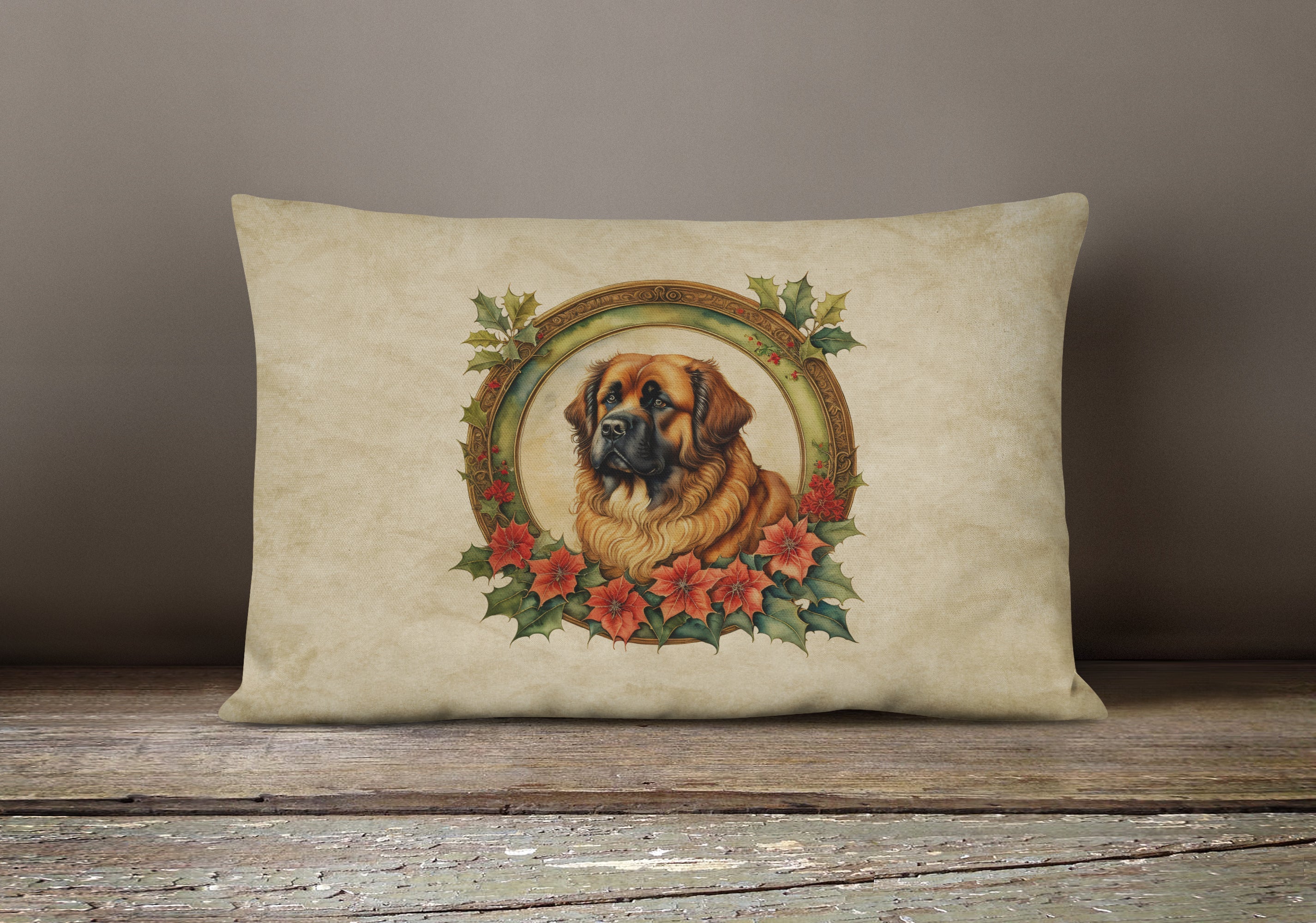 Leonberger Christmas Flowers Throw Pillow