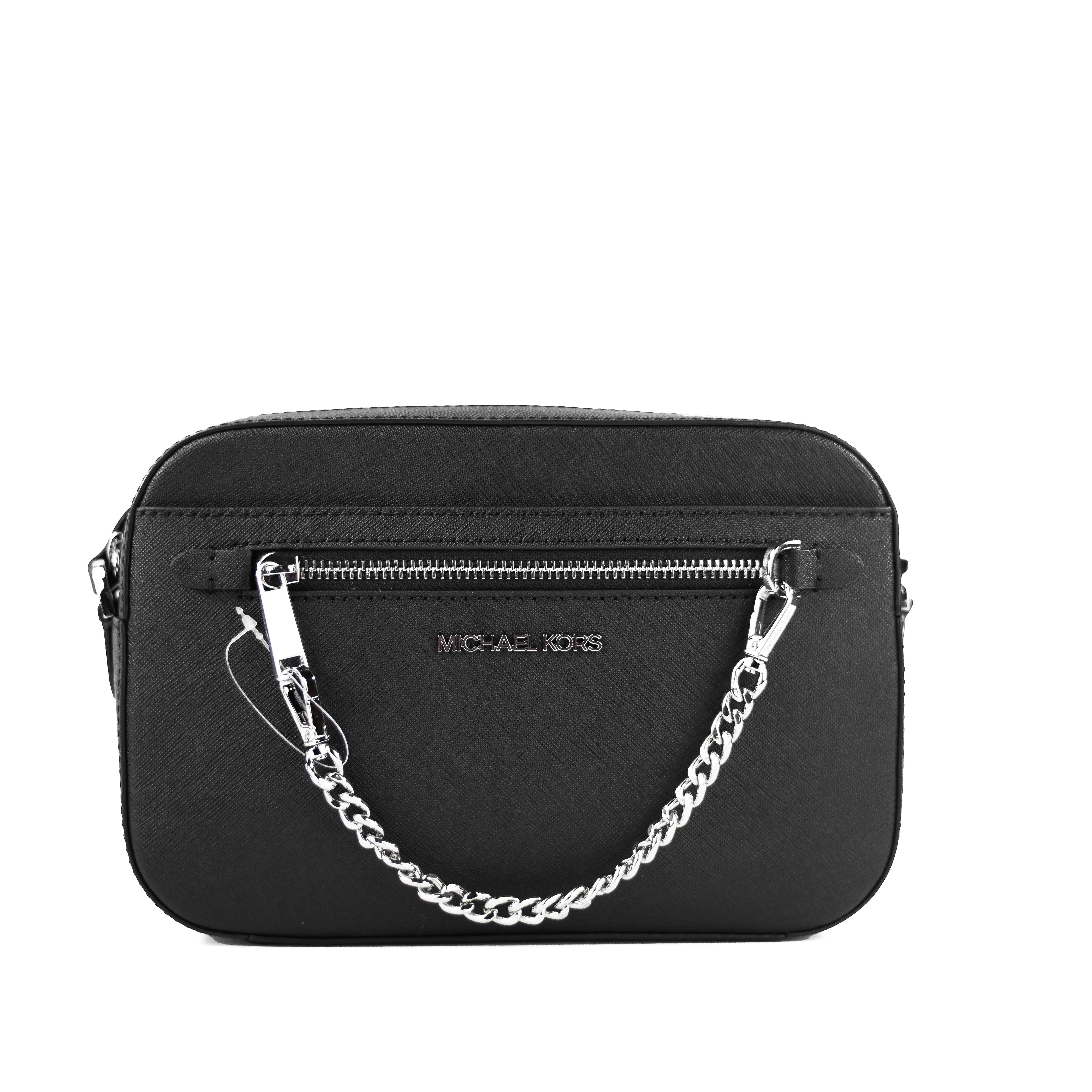 Michael Kors Jet Set Large East West Black Saffiano Leather Zip Chain Crossbody Handbag