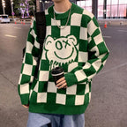 Loose Chessboard Round Neck Sweater for Men