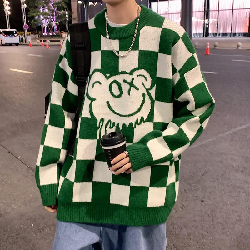 Loose Chessboard Round Neck Sweater for Men