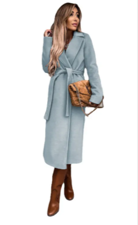 Women's Long Woolen V-Neck Tie-Up Coat