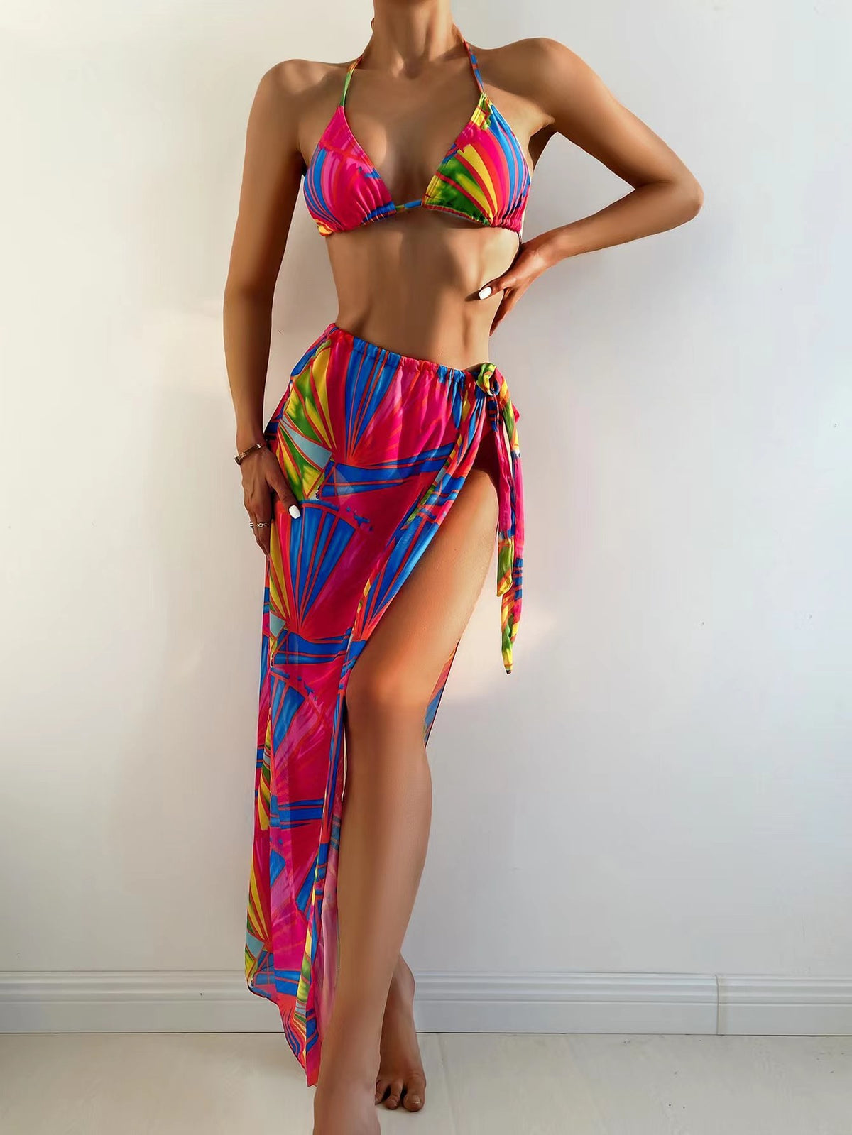 Floral Triangle Bikini Set with Straps for Women