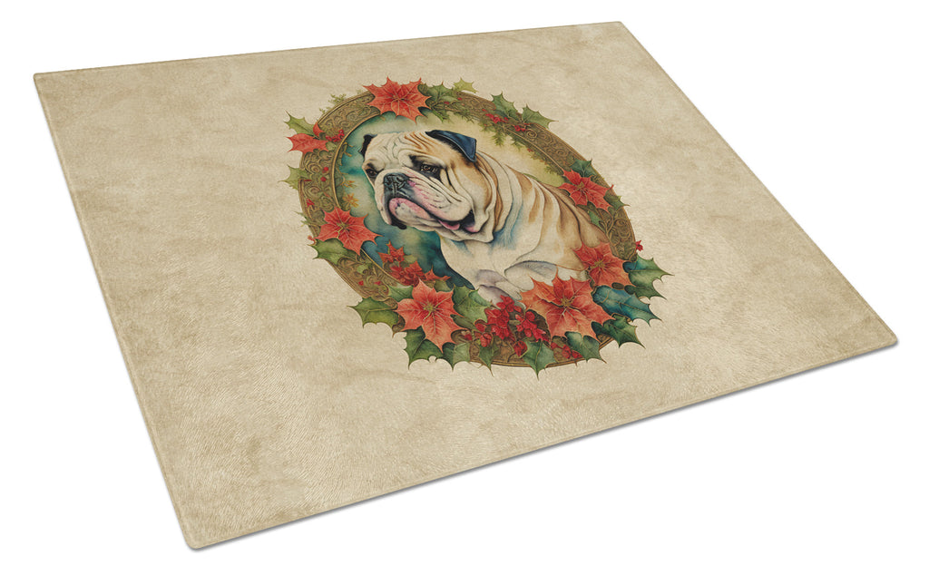 English Bulldog Christmas Flowers Glass Cutting Board