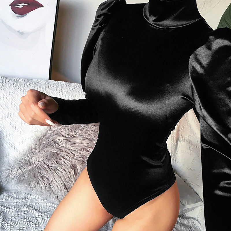 Black Long Sleeve High Neck Elastic Waist Bodysuit