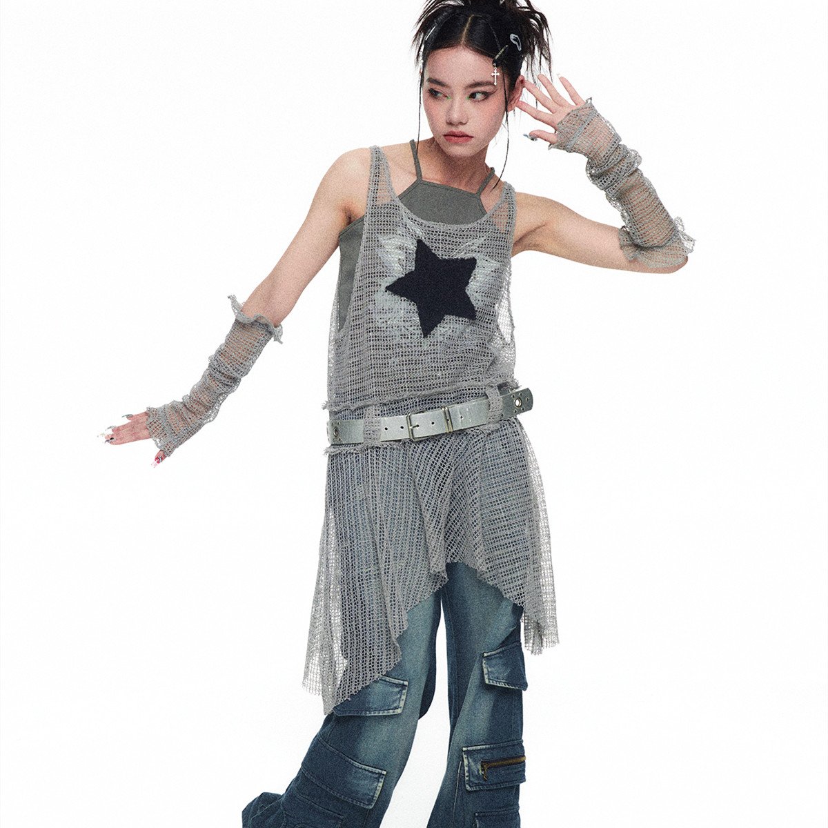 Mesh Tank Top Dress with Spicy Girl Sleeve Stars
