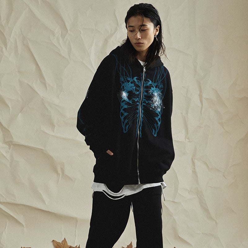 Dark Print Hooded Fleece Zip-Up Sweatshirt | Streetwear