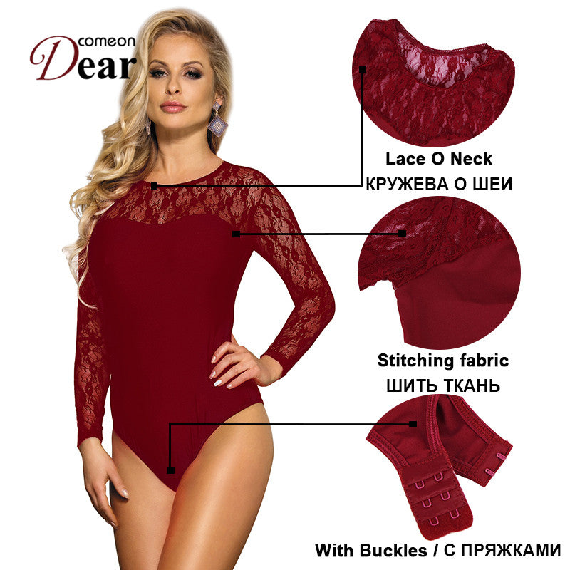 Lace Black Bodysuit for Women with Long Sleeves