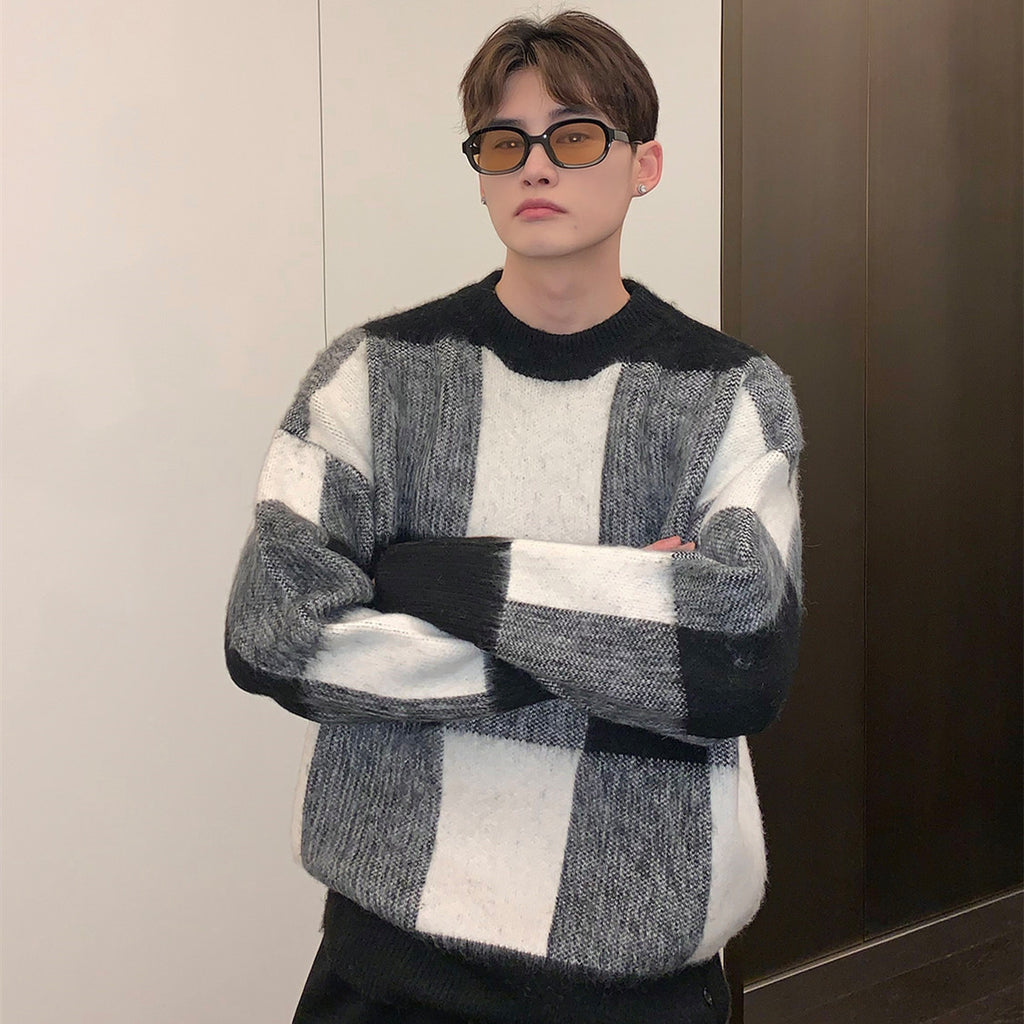 Plaid Color Contrast Crewneck Sweater for Men