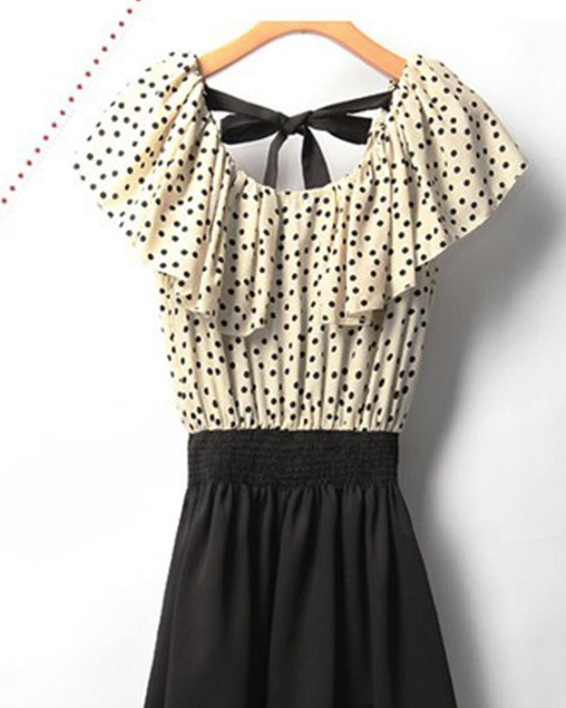 Polka Dot Chiffon Dress - Faux Two-Piece Design