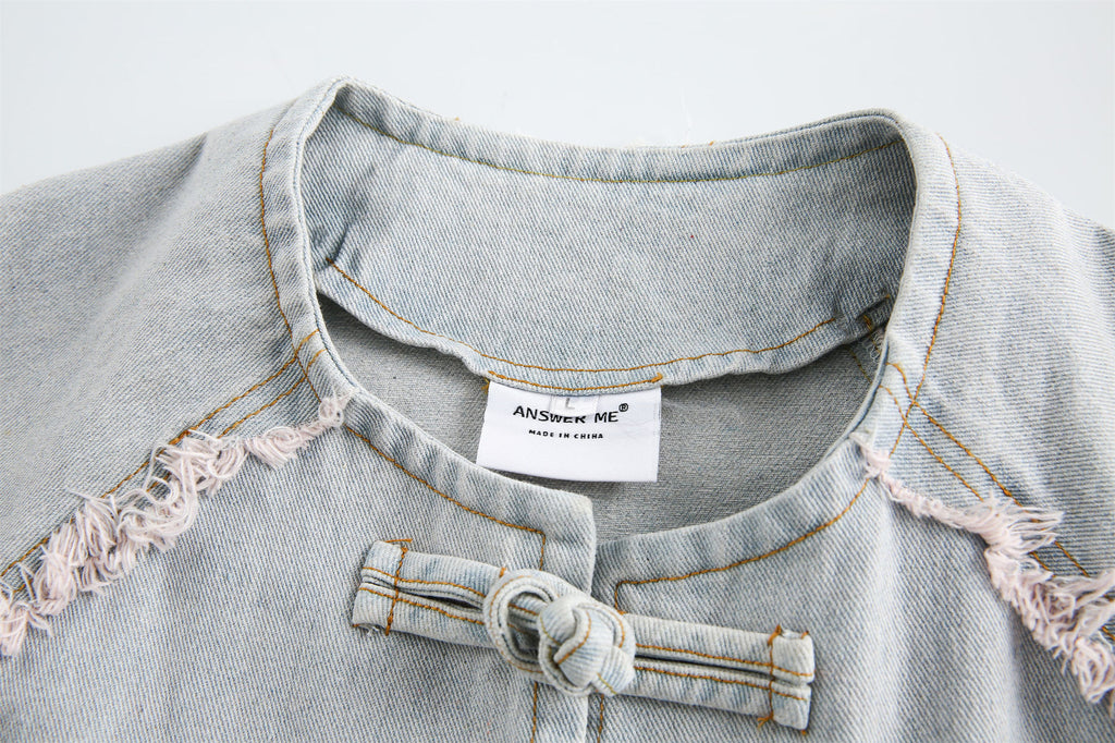 Vintage Chinese Style Denim Jacket in Washed Blue