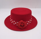 Elegant Red Wool Tweed Wide Brim Hat with Flowers | Embroidered Cap