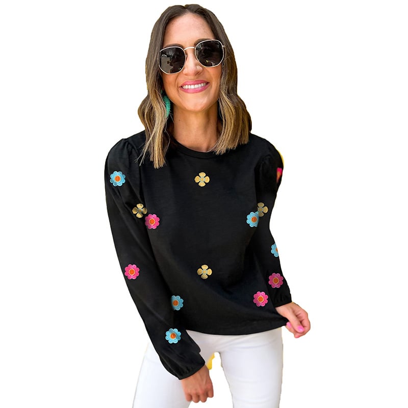 Flower Embroidered Long Sleeve Pullover Sweater | Streetwear