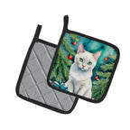 Foreign White Cat By the Christmas Tree Pair of Pot Holders