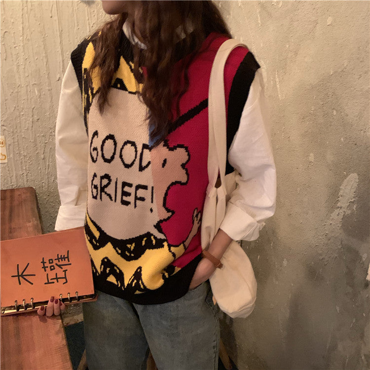 Kawaii Cartoon O-Neck Sleeveless Sweater Vest for Women