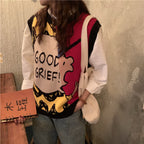 Kawaii Cartoon O-Neck Sleeveless Sweater Vest for Women