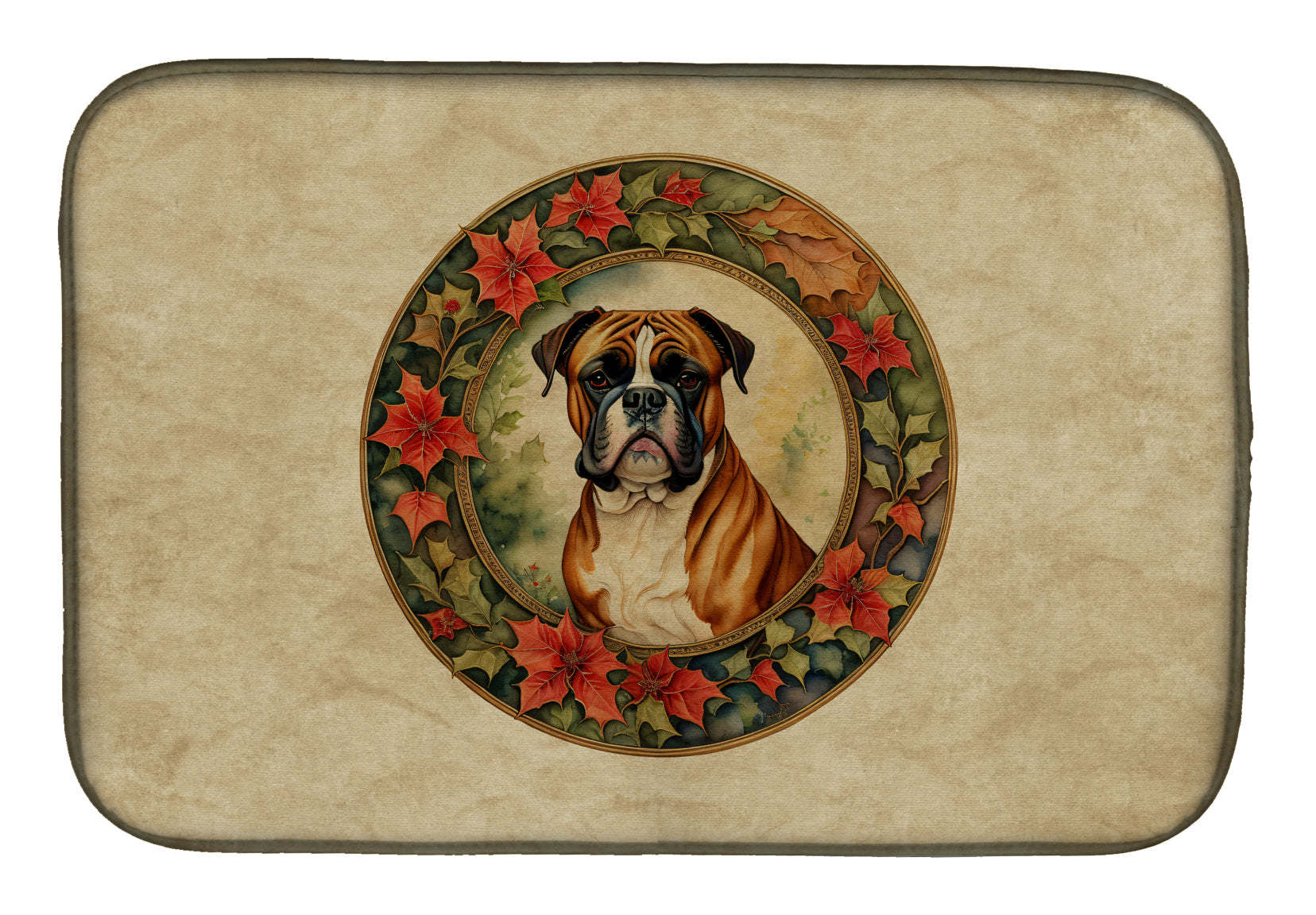 Boxer Christmas Flowers Dish Drying Mat