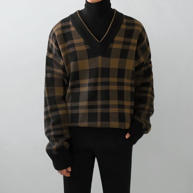 Men's V-neck Plaid Sweater - Trendy Personality Style