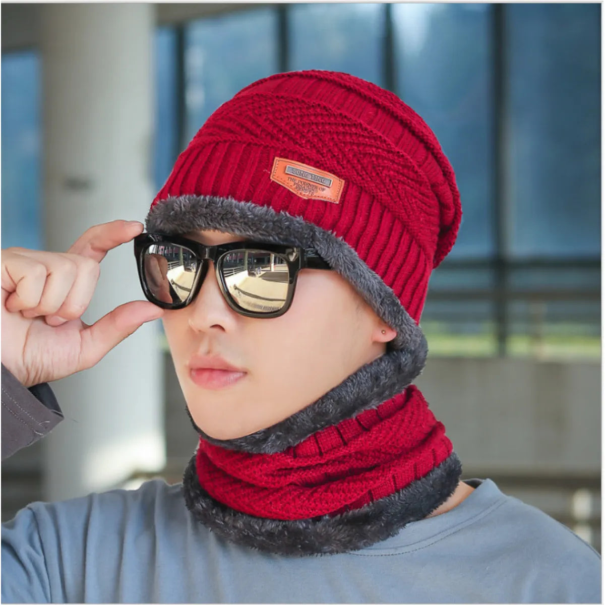Men's Outdoor Warm Scarf & Fluff Hat | Embroidered Cap