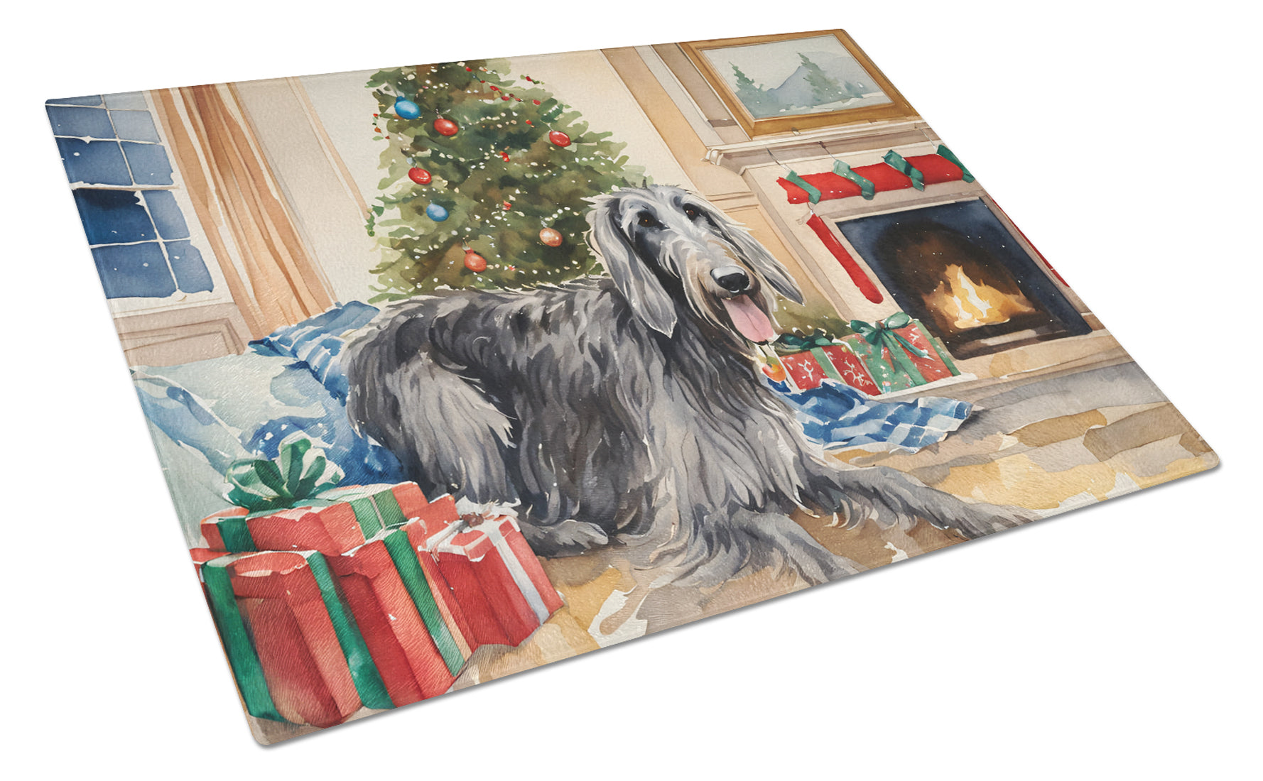 Scottish Deerhound Cozy Christmas Glass Cutting Board