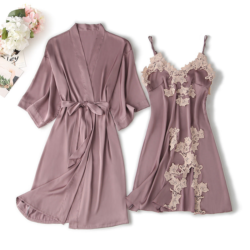 Spring Summer Satin Lingerie Set with Lace Trim