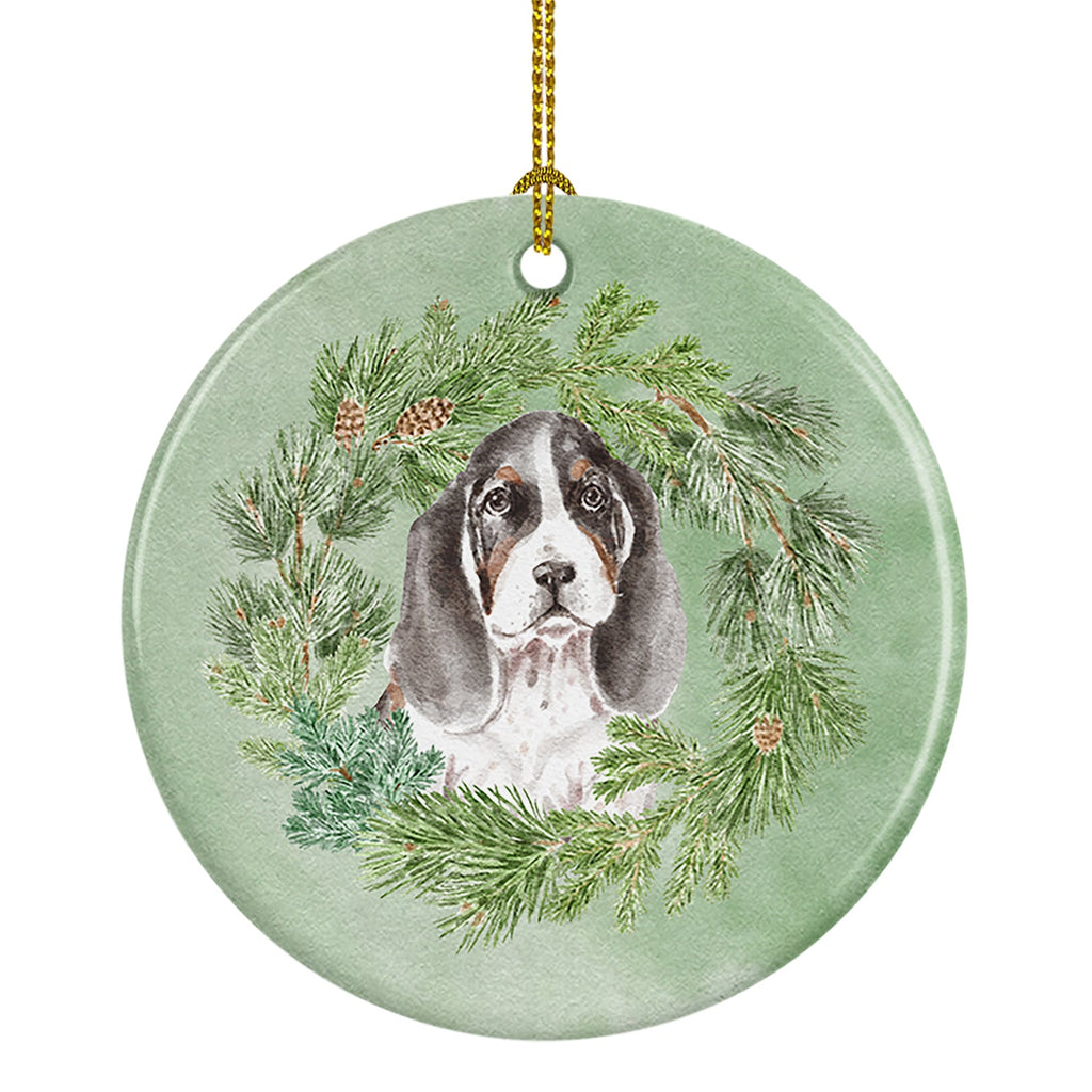 Basset Hound Puppy Tricolor Christmas Wreath Ceramic Ornament