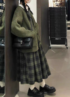 Vintage Green Plaid Wool Back Strap Matte Dress