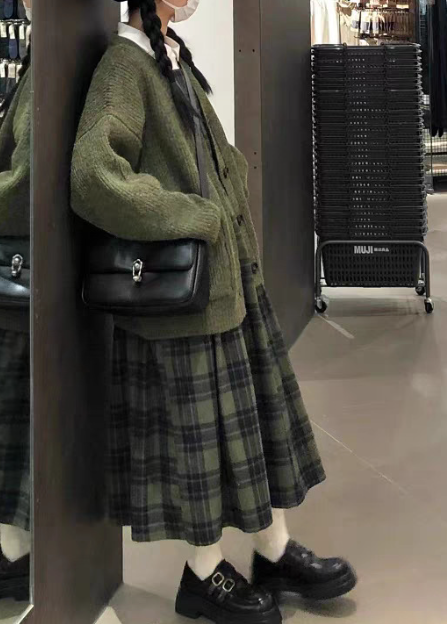 Vintage Green Plaid Wool Back Strap Matte Dress