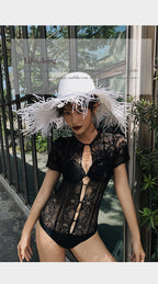 Women's Lace Deep-V Open-Back One-Piece Swimsuit