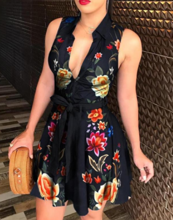Women’s V-Neck Floral Tie Dress - Casual Sleepwear