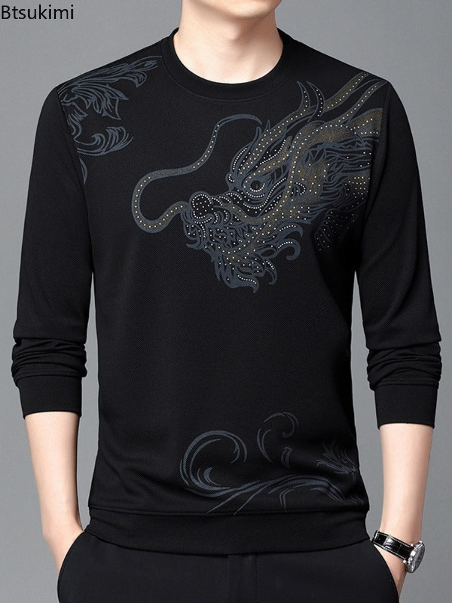 Men's Round Neck Long Sleeve Hoodie with Dragon Print | Streetwear