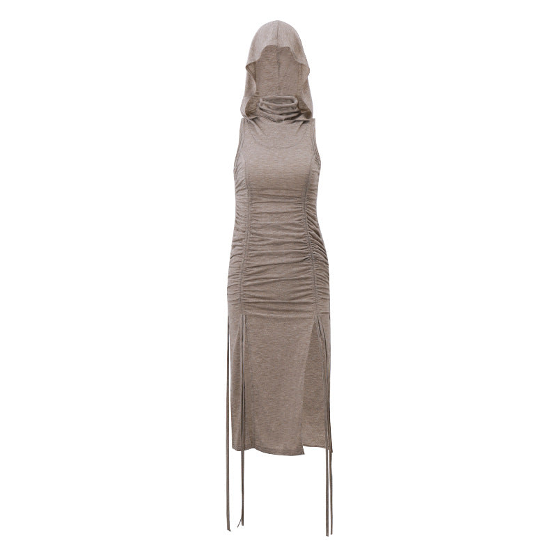 Hooded Turtleneck Pleated Drawstring Cutout Dress