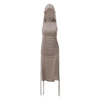 Hooded Turtleneck Pleated Drawstring Cutout Dress