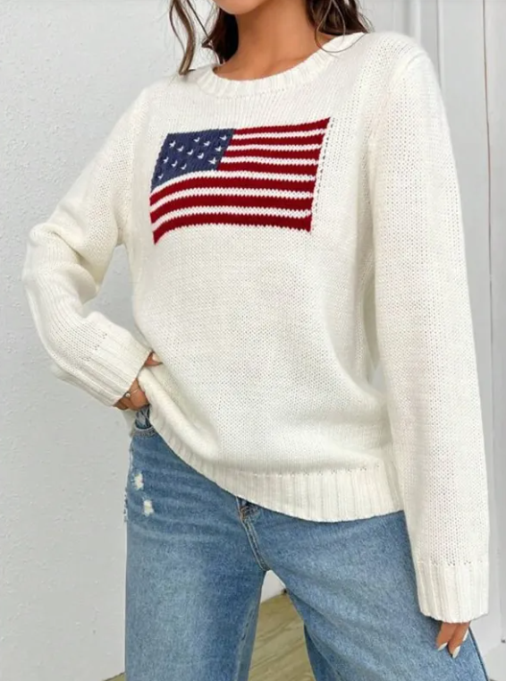 Women's Loose Round Neck Flag Sweater