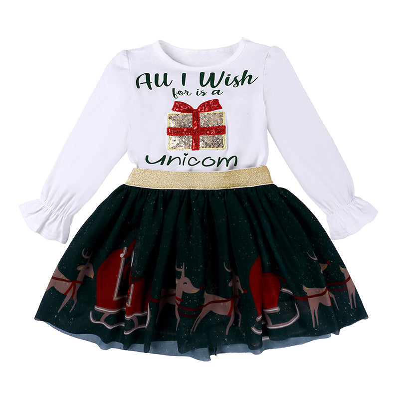 Girls' Christmas Outfit Set with Long Sleeve T-Shirt & Tulle Skirt