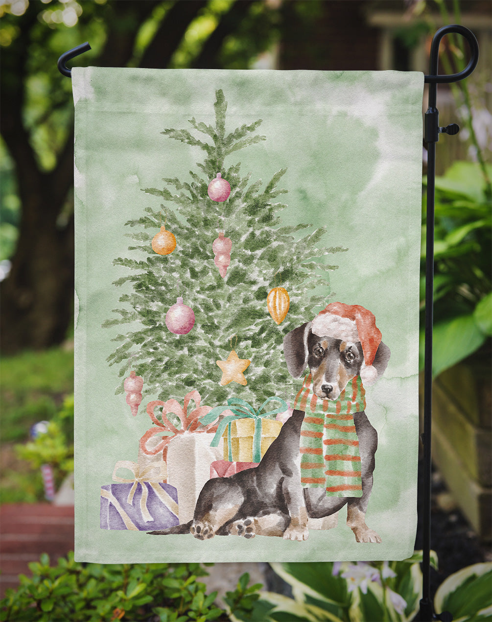 Dachshund Black Tan Christmas Presents and Tree Garden Flag