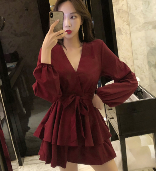 Vintage Red Chiffon Dress with Waist Detail