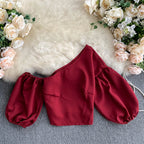 Off-Shoulder Puff Sleeve Crop Top with Oblique Collar